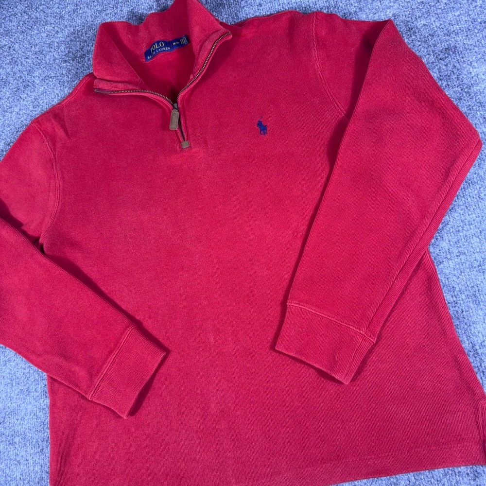 Polo Ralph Lauren Mens Red Ribbed Quarter Zip Pullover Sweater Size Medium
